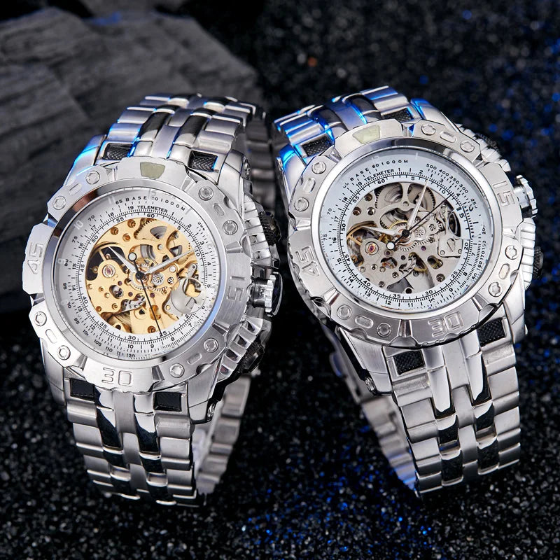 Luxury Silver & Gold Automatic Mechanical Watch for Men; Full Steel Skeleton, Big Dial
