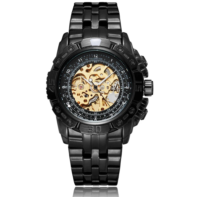 Luxury Silver & Gold Automatic Mechanical Watch for Men; Full Steel Skeleton, Big Dial