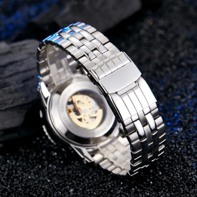 Luxury Silver & Gold Automatic Mechanical Watch for Men; Full Steel Skeleton, Big Dial