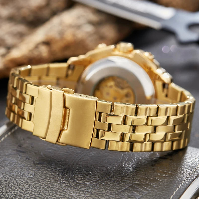 Luxury Silver & Gold Automatic Mechanical Watch for Men; Full Steel Skeleton, Big Dial