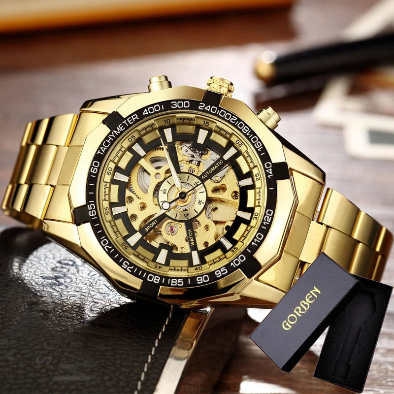 Luxury Silver & Gold Automatic Mechanical Watch for Men; Full Steel Skeleton, Big Dial