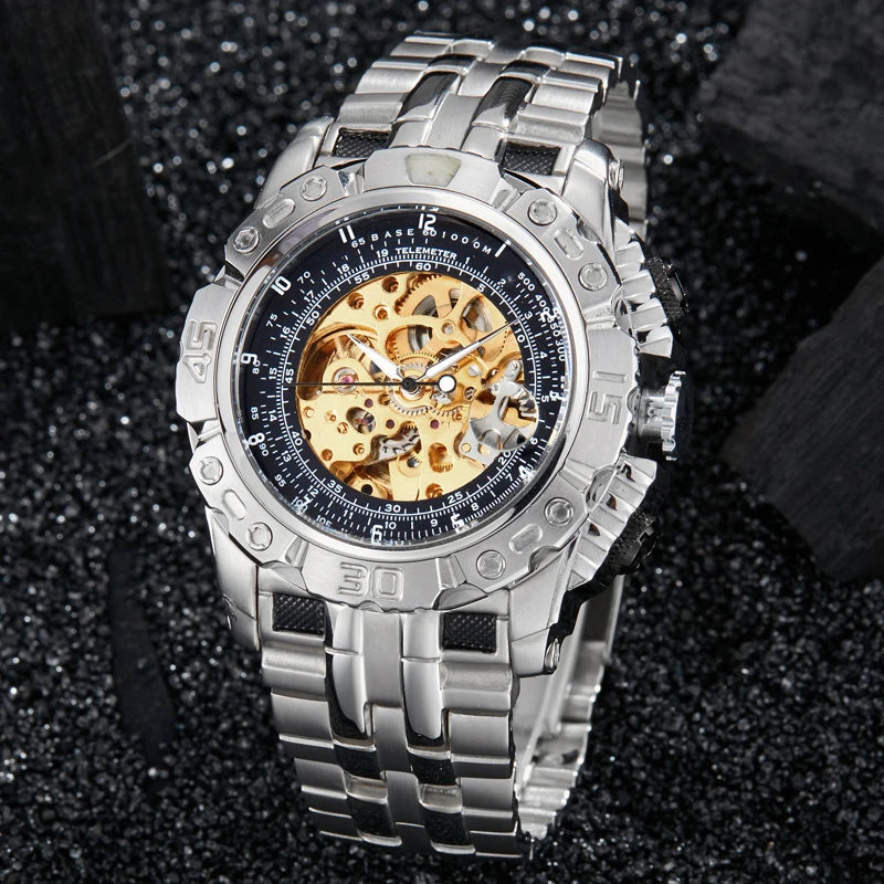 Luxury Silver & Gold Automatic Mechanical Watch for Men; Full Steel Skeleton, Big Dial