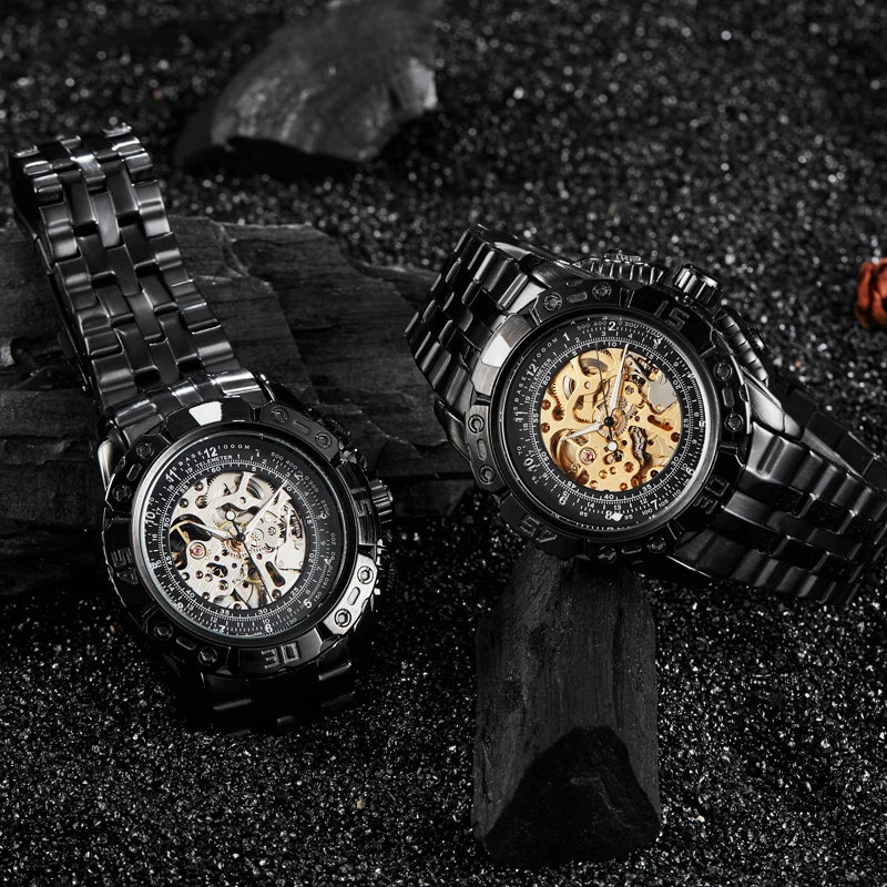 Luxury Silver & Gold Automatic Mechanical Watch for Men; Full Steel Skeleton, Big Dial