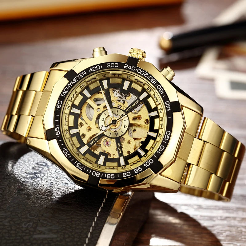 Luxury Silver & Gold Automatic Mechanical Watch for Men; Full Steel Skeleton, Big Dial