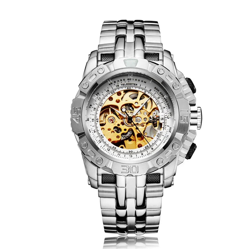 Luxury Silver & Gold Automatic Mechanical Watch for Men; Full Steel Skeleton, Big Dial