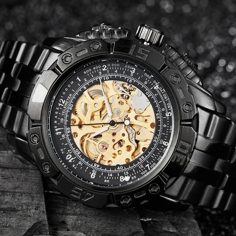 Luxury Silver & Gold Automatic Mechanical Watch for Men; Full Steel Skeleton, Big Dial