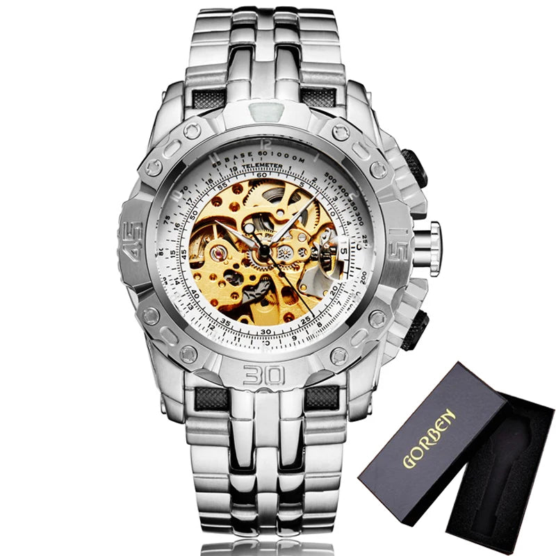 Luxury Silver & Gold Automatic Mechanical Watch for Men; Full Steel Skeleton, Big Dial