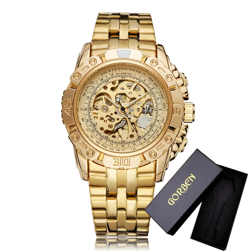 Luxury Silver & Gold Automatic Mechanical Watch for Men; Full Steel Skeleton, Big Dial