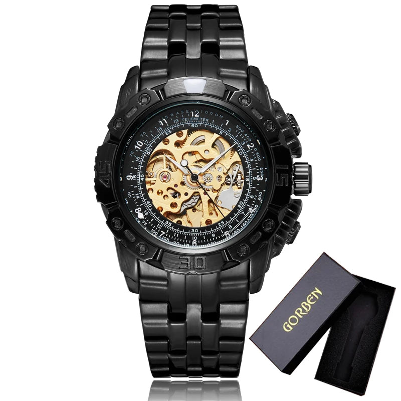 Luxury Silver & Gold Automatic Mechanical Watch for Men; Full Steel Skeleton, Big Dial