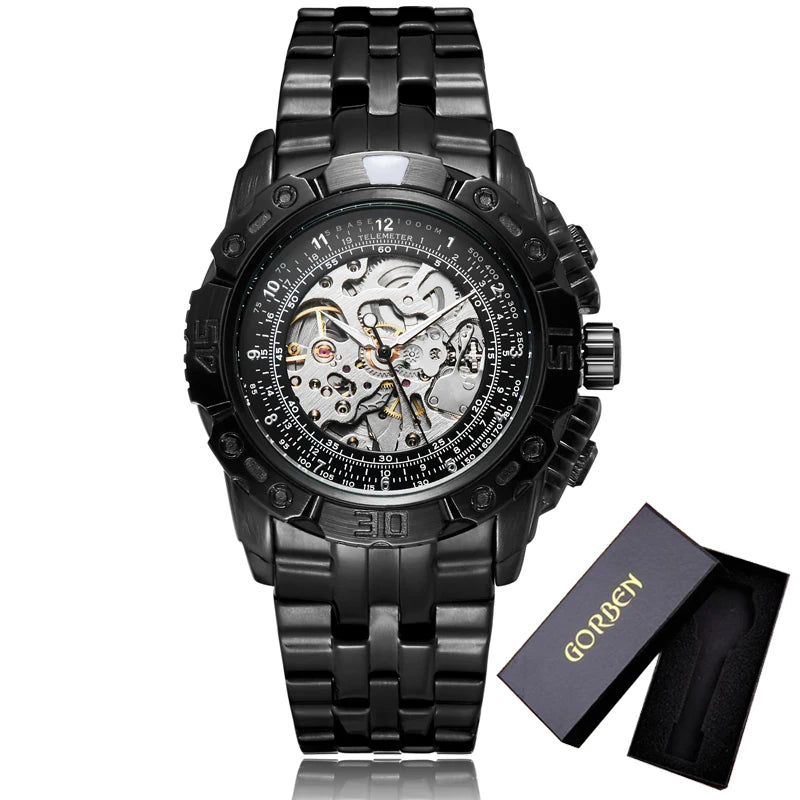 Luxury Silver & Gold Automatic Mechanical Watch for Men; Full Steel Skeleton, Big Dial