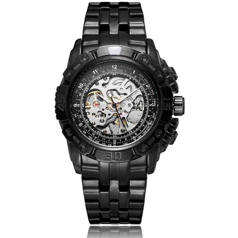 Luxury Silver & Gold Automatic Mechanical Watch for Men; Full Steel Skeleton, Big Dial