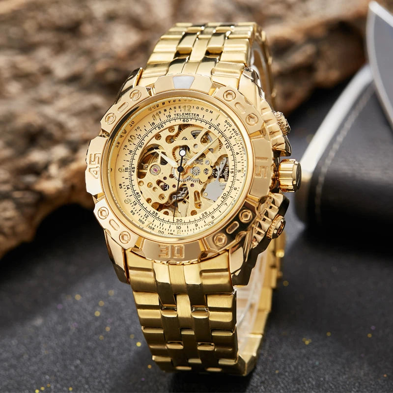 Luxury Silver & Gold Automatic Mechanical Watch for Men; Full Steel Skeleton, Big Dial