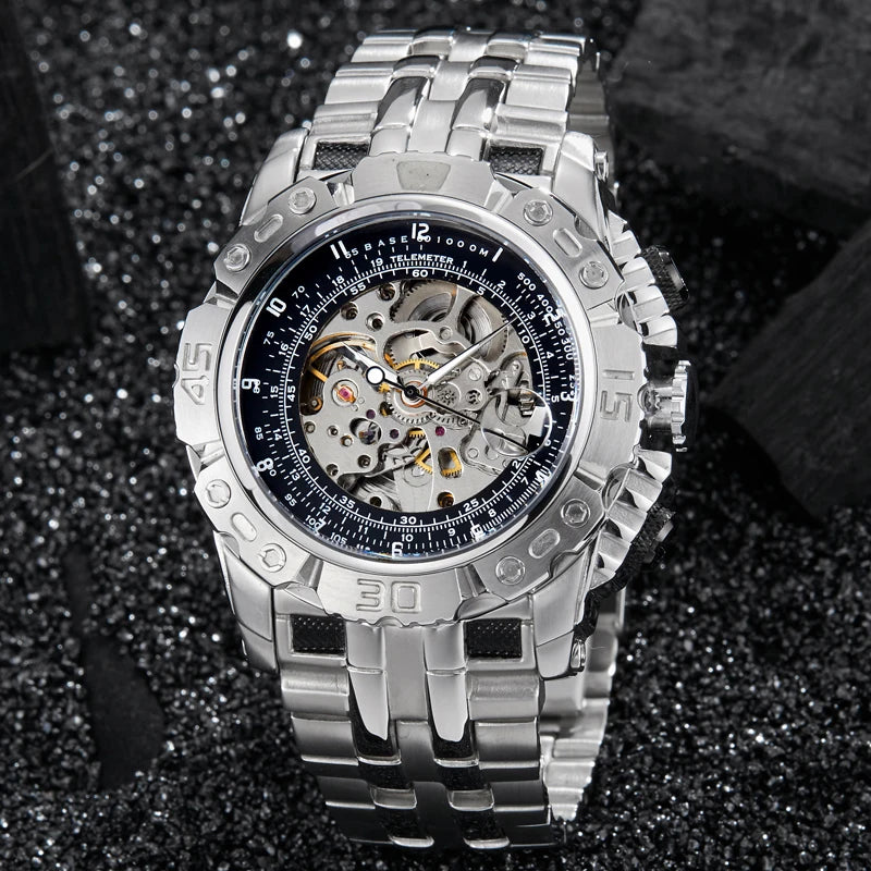 Luxury Silver & Gold Automatic Mechanical Watch for Men; Full Steel Skeleton, Big Dial