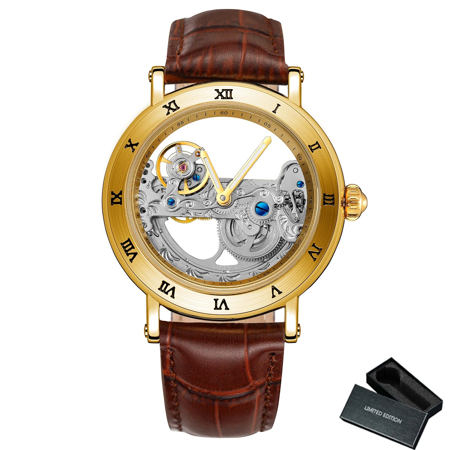 Vintage Mechanical Watch: Golden Bridge Skeleton, Automatic, Leather Strap, Luminous Hands