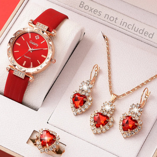 5-Pack Women’s Quartz Watch Set: Red Leather Straps + Heart Jewelry (Gifts for Eid)