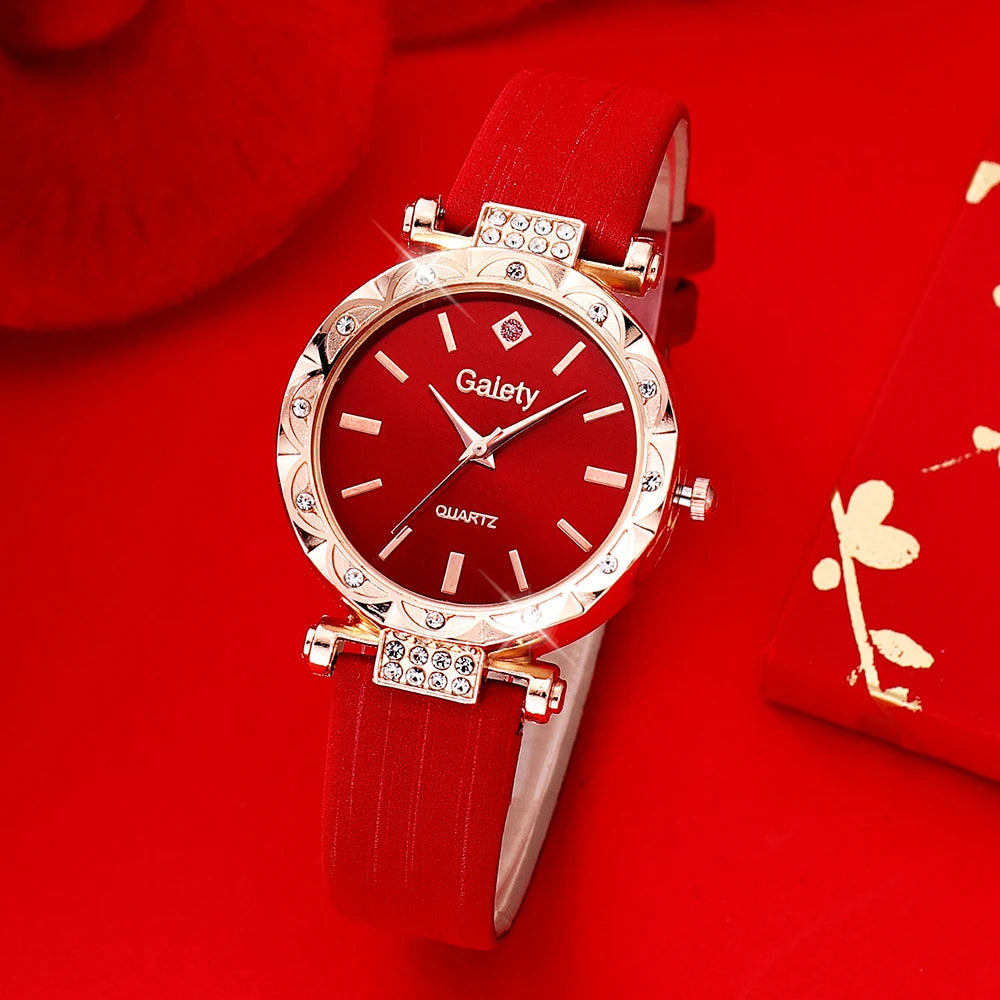 5-Pack Women’s Quartz Watch Set: Red Leather Straps + Heart Jewelry (Gifts for Eid)