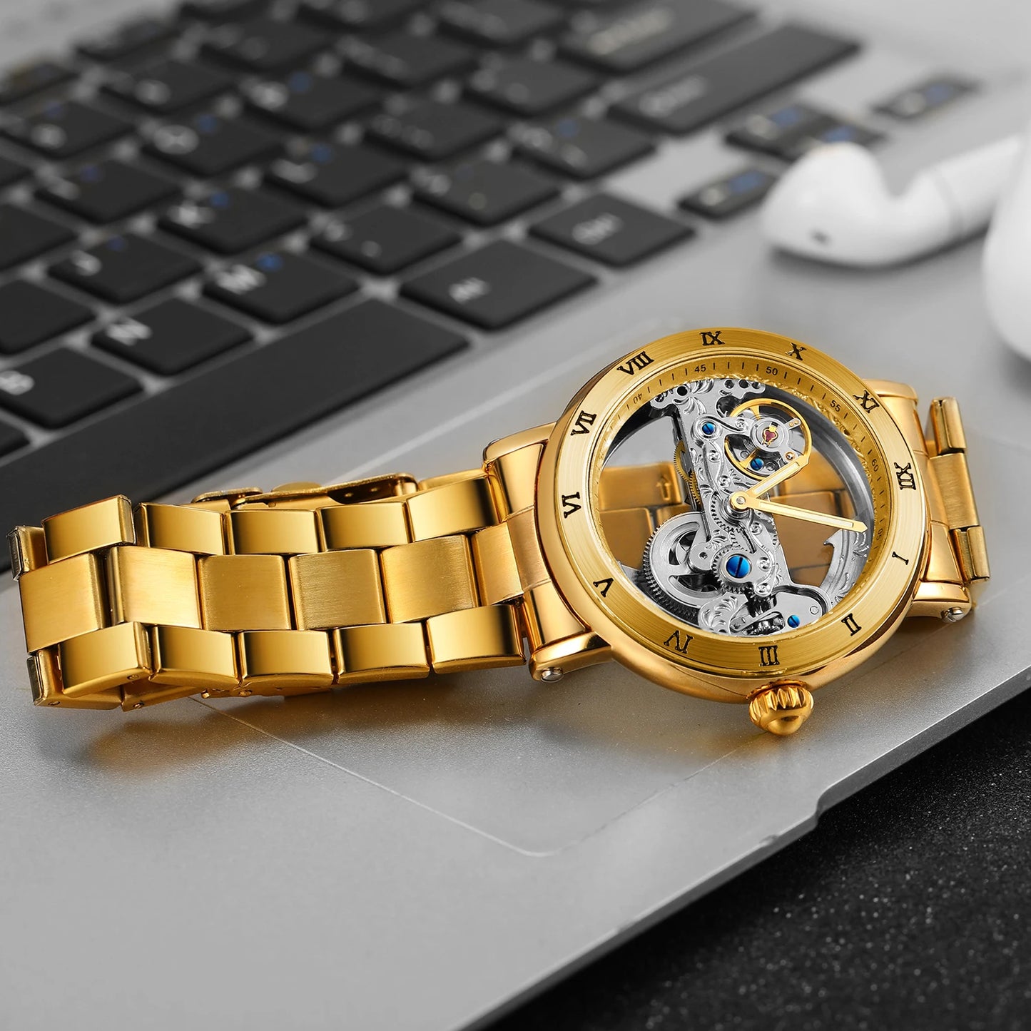Vintage Mechanical Watch: Golden Bridge Skeleton, Automatic, Leather Strap, Luminous Hands