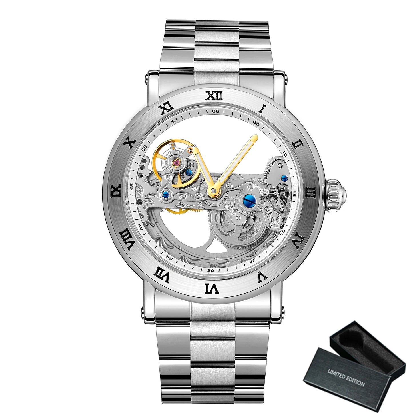 Vintage Mechanical Watch: Golden Bridge Skeleton, Automatic, Leather Strap, Luminous Hands