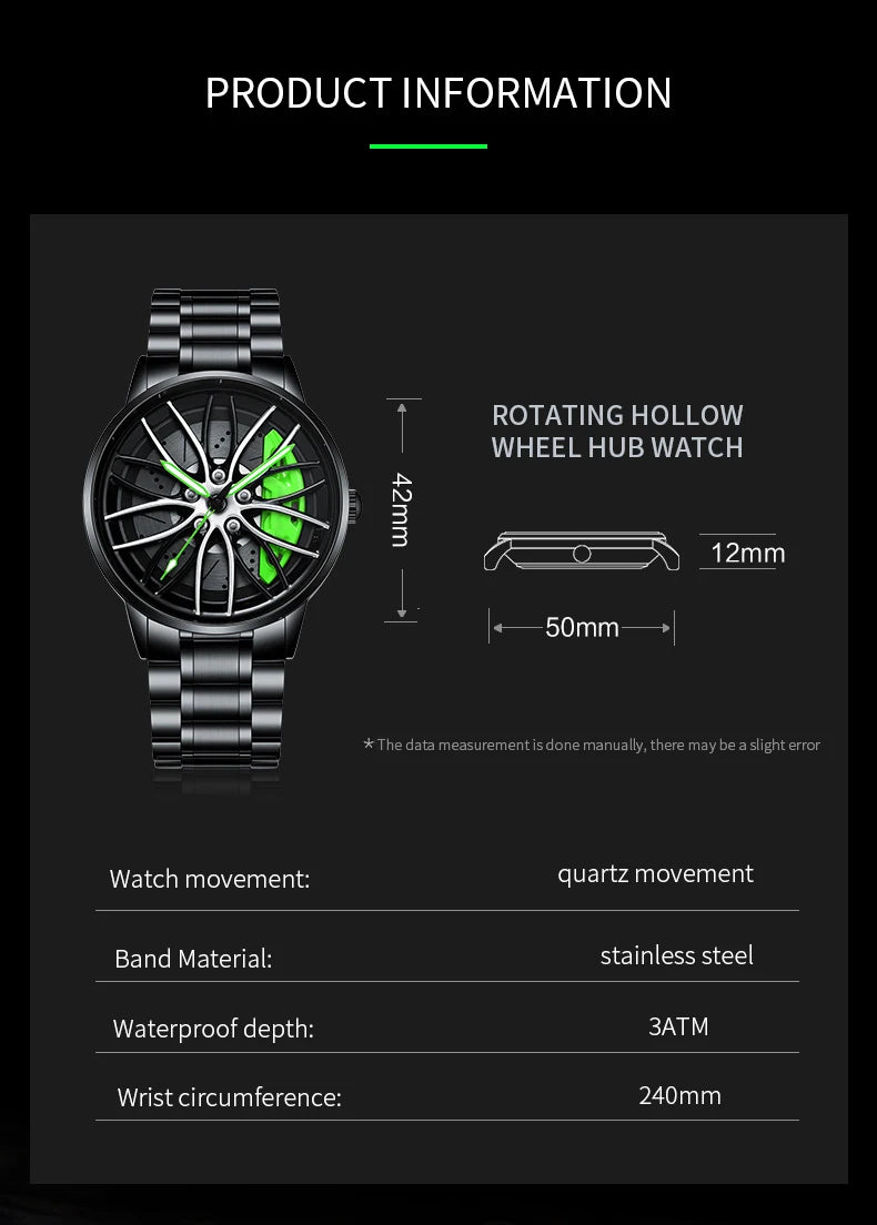 Men’s Casual Sports Watch – 42mm, Stainless Steel Band, 3Bar Quartz