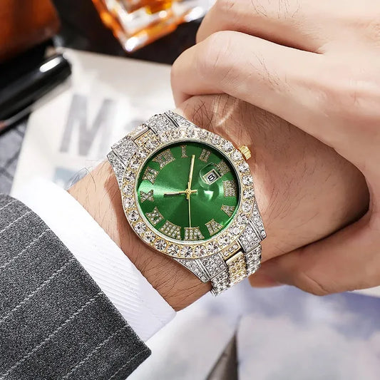 Men's Luxury Rhinestone Watch – 40mm Glass Dial, Iced Steel Bracelet, Custom Band Length