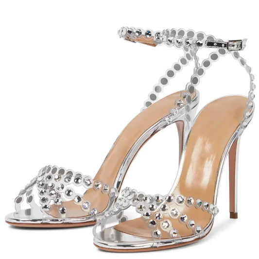 PVC Transparent Rhinestone Heels — Women's Ankle Strap Sandals