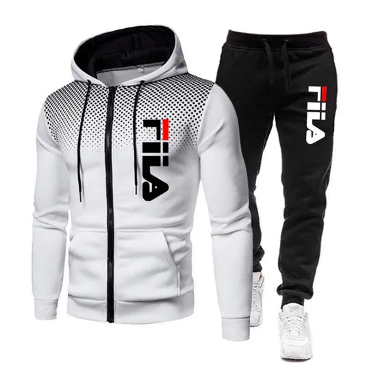 Men's Casual Sportswear Set: Printed Zip Hoodie + Two Stretch-Pants Sets