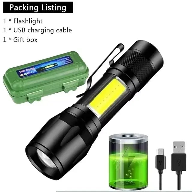 USB Rechargeable COB+XPE Mini LED Torch — Outdoor Zoom Light with Pen Clip