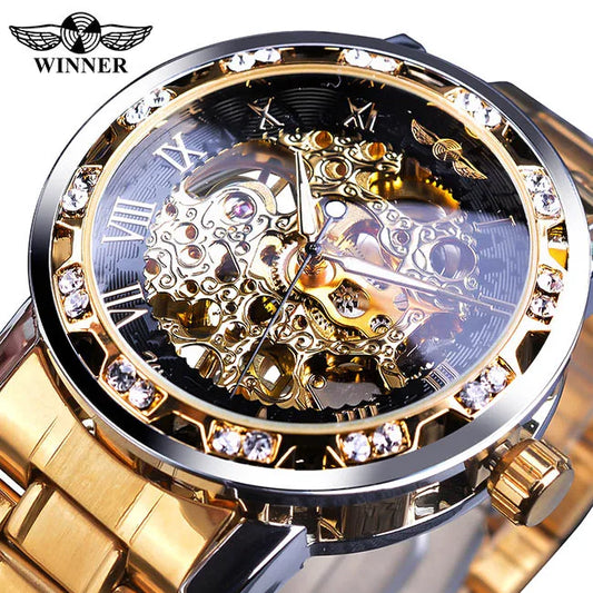 Winner Transparent Fashion Diamond Luminous Mechanical Skeleton Wrist Watch — Men
