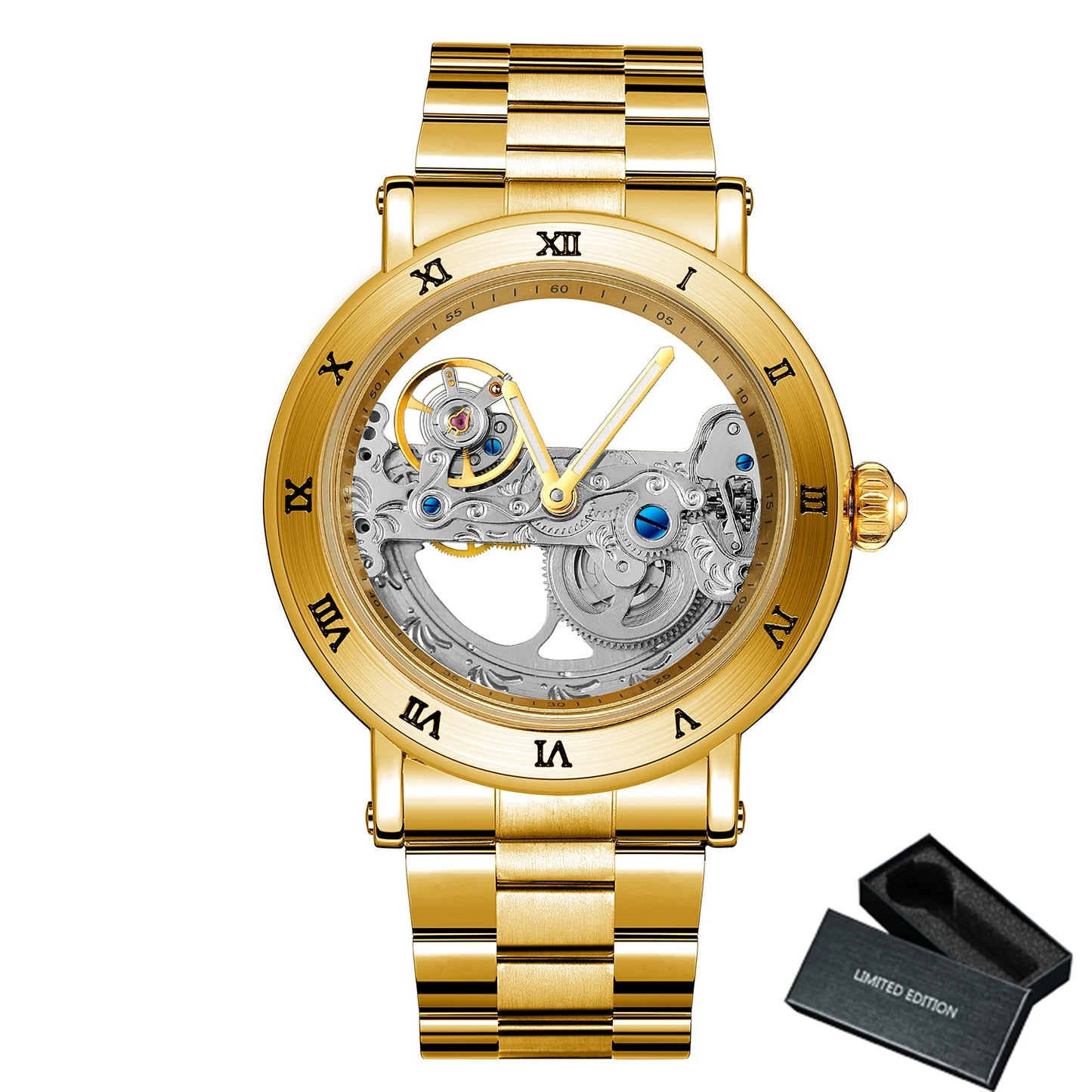 Vintage Mechanical Watch: Golden Bridge Skeleton, Automatic, Leather Strap, Luminous Hands