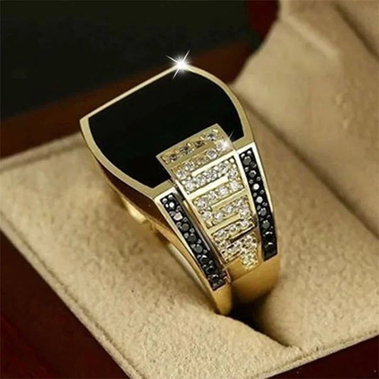 Fashion Metal Ring for Men — Gold Finish, Black Stone Accent