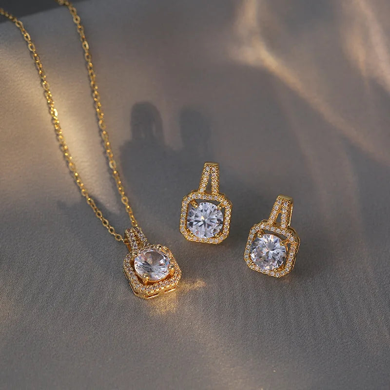 Fashion Square Zircon Necklace Earrings Ring Set For Women Luxury Wedding Engagement & Party Jewelry Set