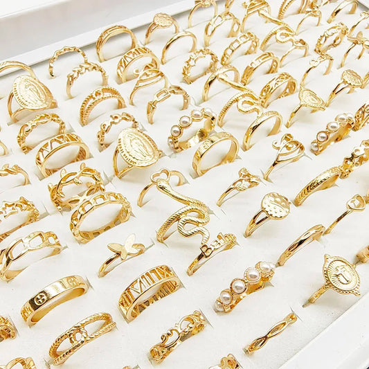 30pc/Lot Gold Color Finger Rings for Girls — Love, Snake, Animal, Butterfly, Cutout, Star, Pearl, Thin Joint