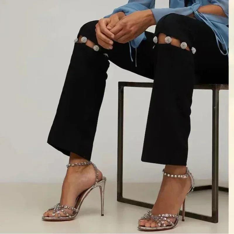 PVC Transparent Rhinestone Heels — Women's Ankle Strap Sandals