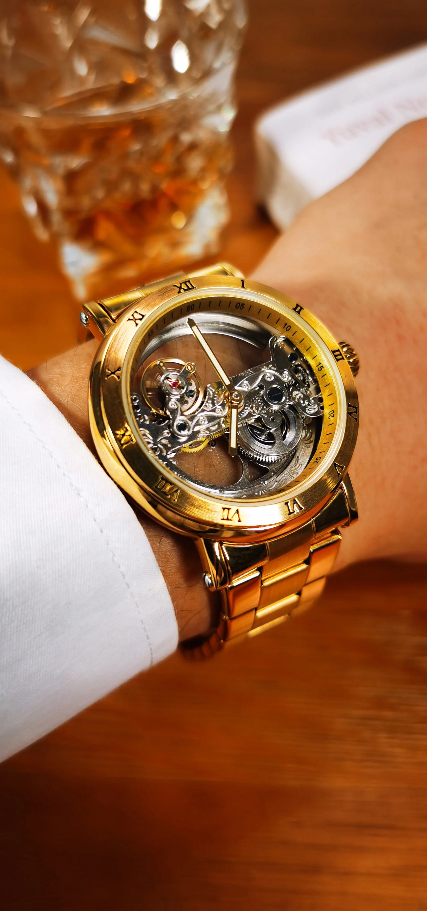 Vintage Mechanical Watch: Golden Bridge Skeleton, Automatic, Leather Strap, Luminous Hands