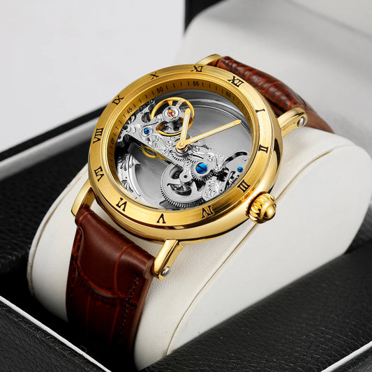 Vintage Mechanical Watch: Golden Bridge Skeleton, Automatic, Leather Strap, Luminous Hands