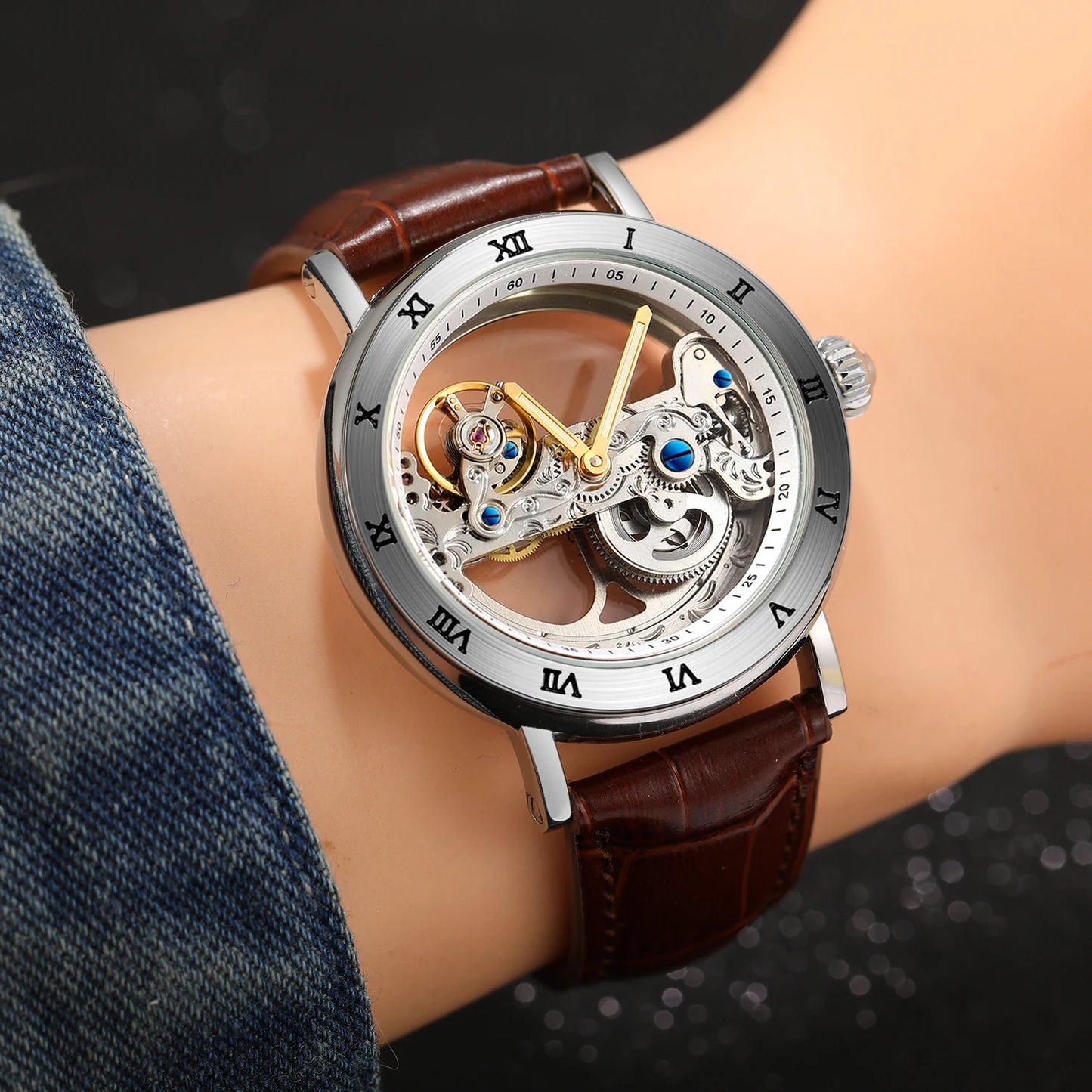Vintage Mechanical Watch: Golden Bridge Skeleton, Automatic, Leather Strap, Luminous Hands