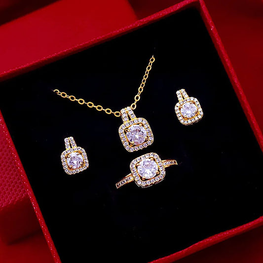 Fashion Square Zircon Necklace Earrings Ring Set For Women Luxury Wedding Engagement & Party Jewelry Set