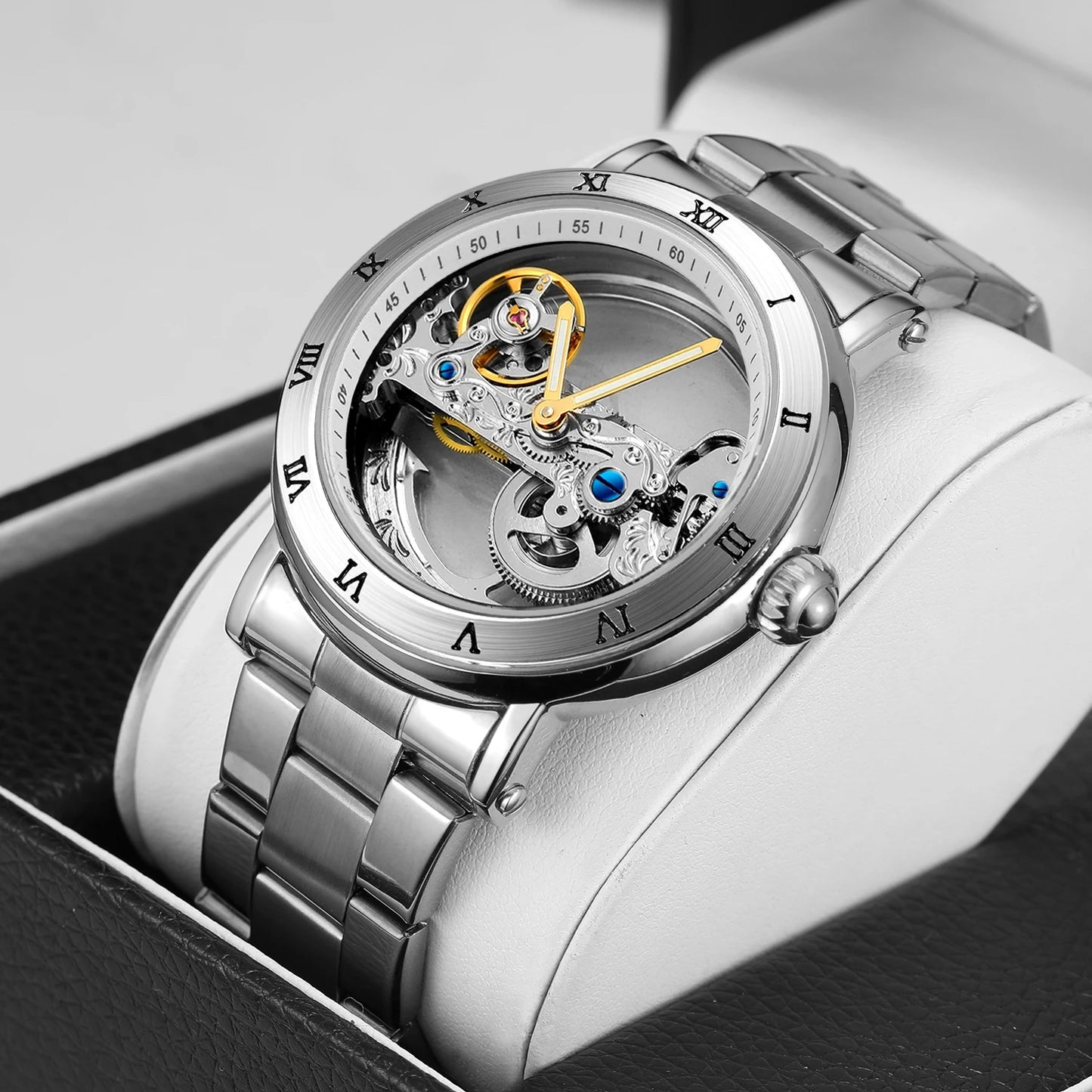 Vintage Mechanical Watch: Golden Bridge Skeleton, Automatic, Leather Strap, Luminous Hands