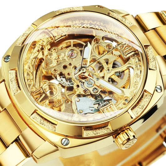 Skeleton Automatic Watch — Forsining, Engraved Movement, Gold Square