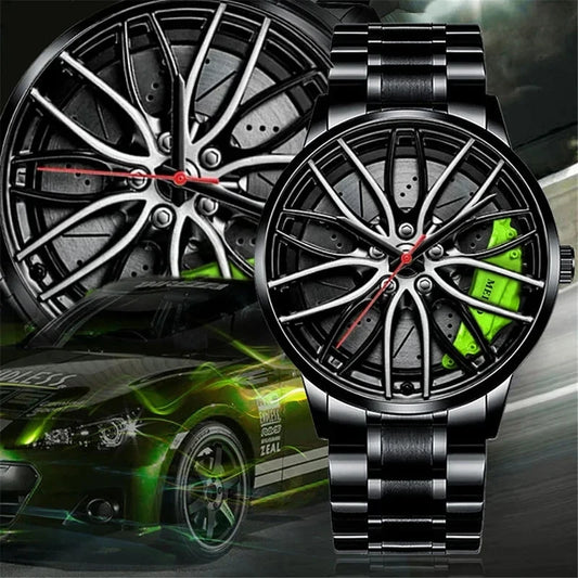 Men’s Sports Fashion Watch – 3D Car Wheel Dial, Stainless Steel Band, Quartz