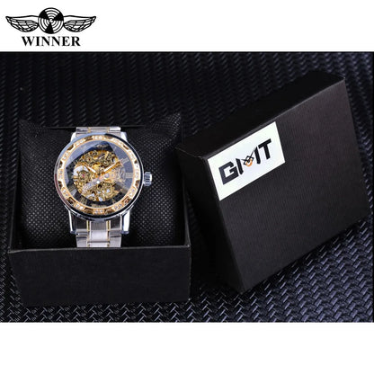 Winner Transparent Fashion Diamond Luminous Mechanical Skeleton Wrist Watch — Men