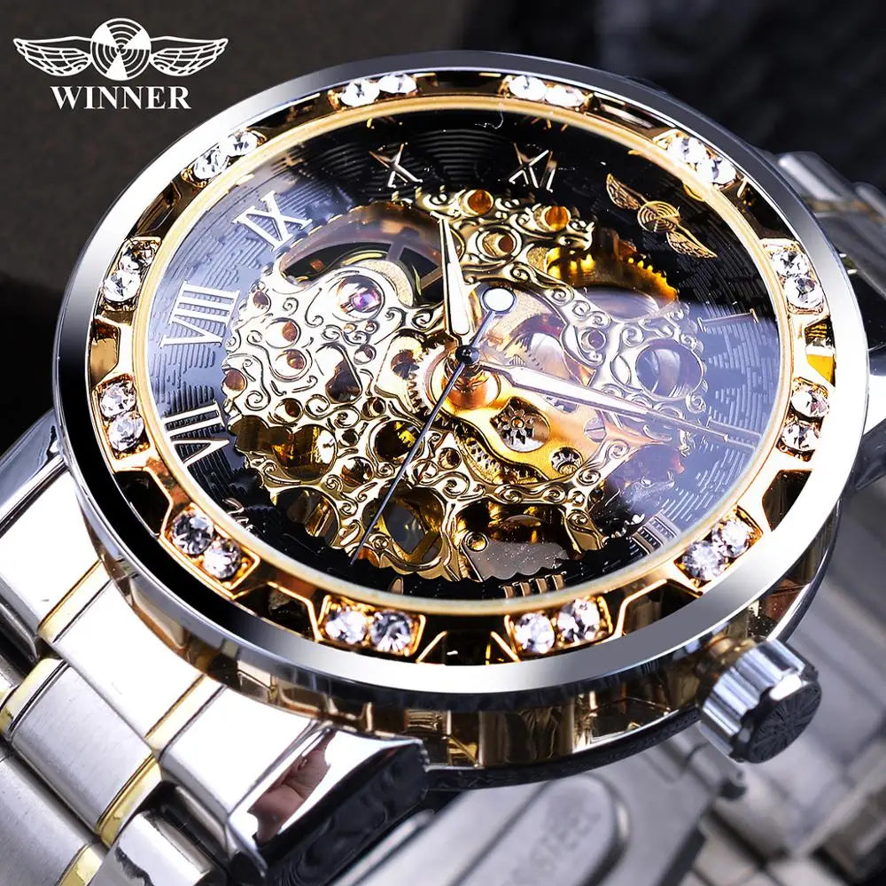 Winner Transparent Fashion Diamond Luminous Mechanical Skeleton Wrist Watch — Men