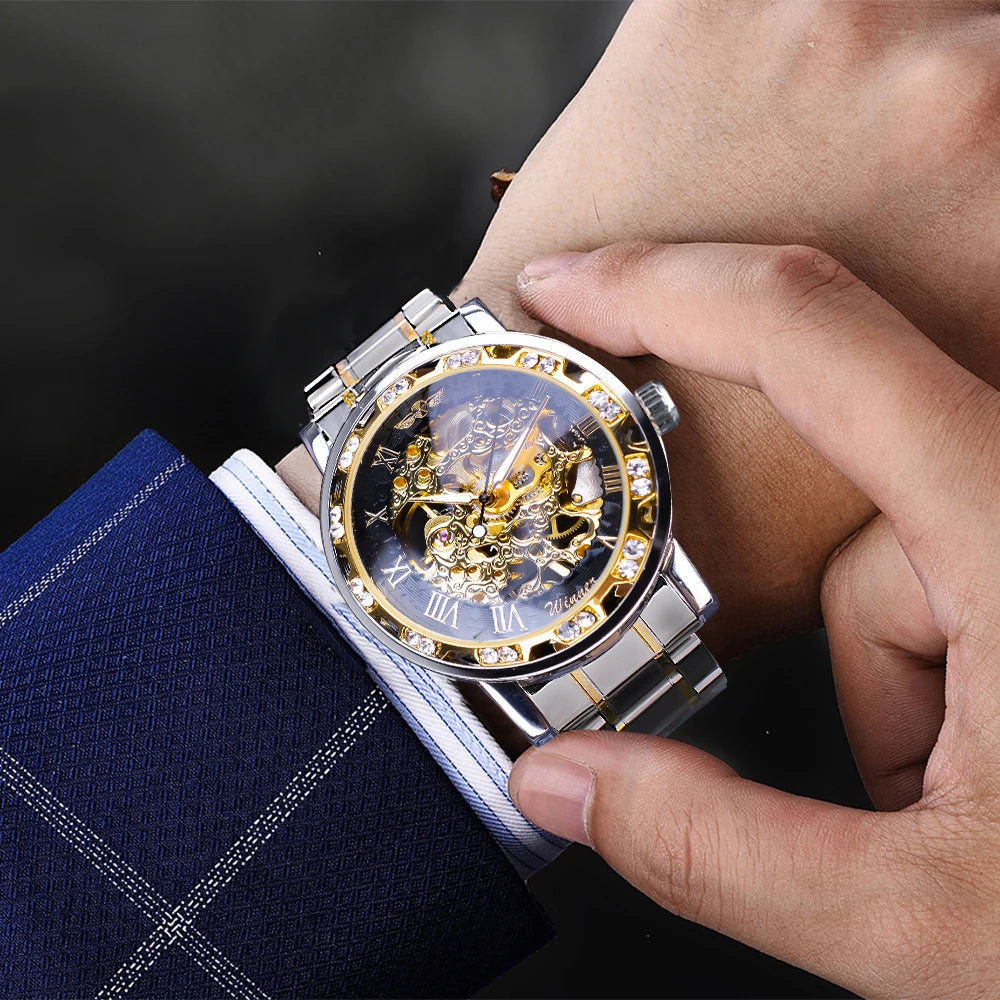 Winner Transparent Fashion Diamond Luminous Mechanical Skeleton Wrist Watch — Men