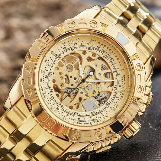 Luxury Silver & Gold Automatic Mechanical Watch for Men; Full Steel Skeleton, Big Dial
