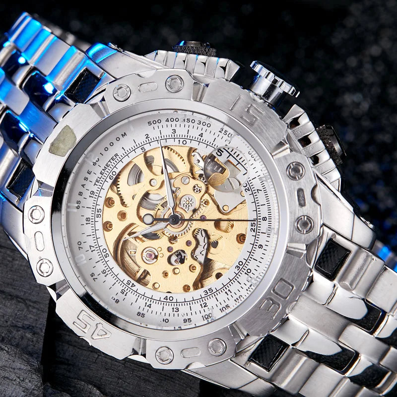 Luxury Silver & Gold Automatic Mechanical Watch for Men; Full Steel Skeleton, Big Dial