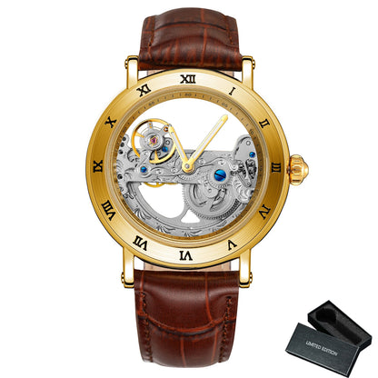 Vintage Mechanical Watch: Golden Bridge Skeleton, Automatic, Leather Strap, Luminous Hands