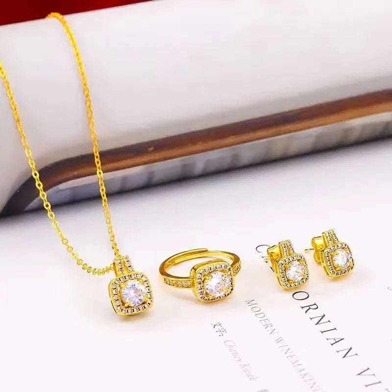 Fashion Square Zircon Necklace Earrings Ring Set For Women Luxury Wedding Engagement & Party Jewelry Set