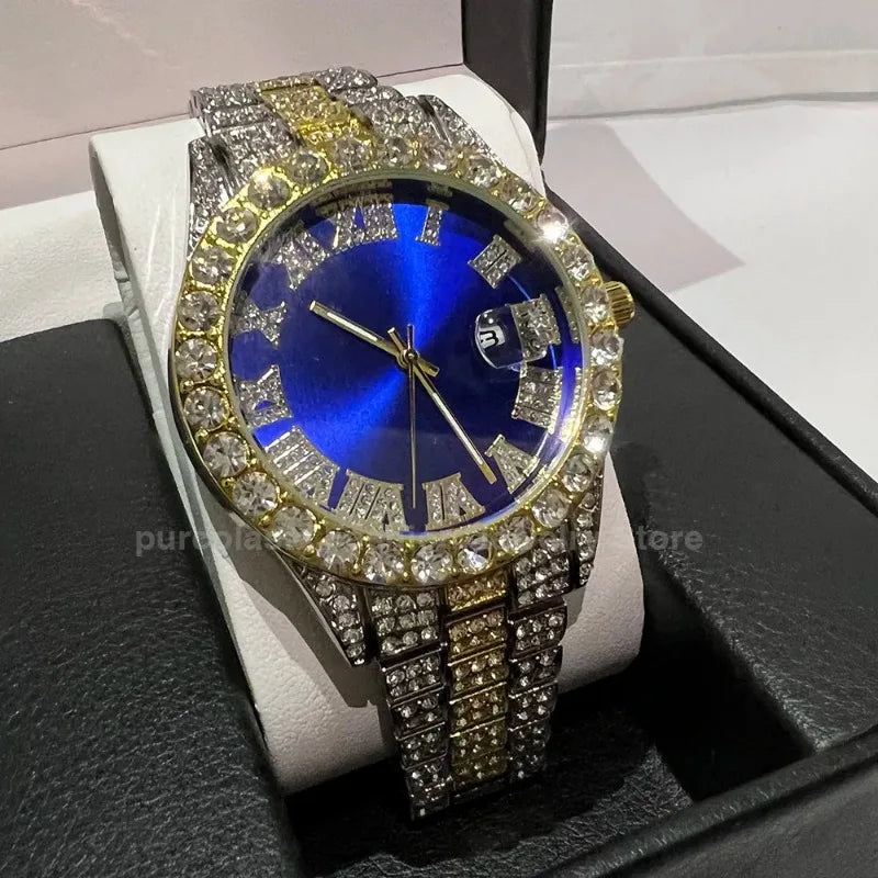 Men's Luxury Rhinestone Watch – 40mm Glass Dial, Iced Steel Bracelet, Custom Band Length