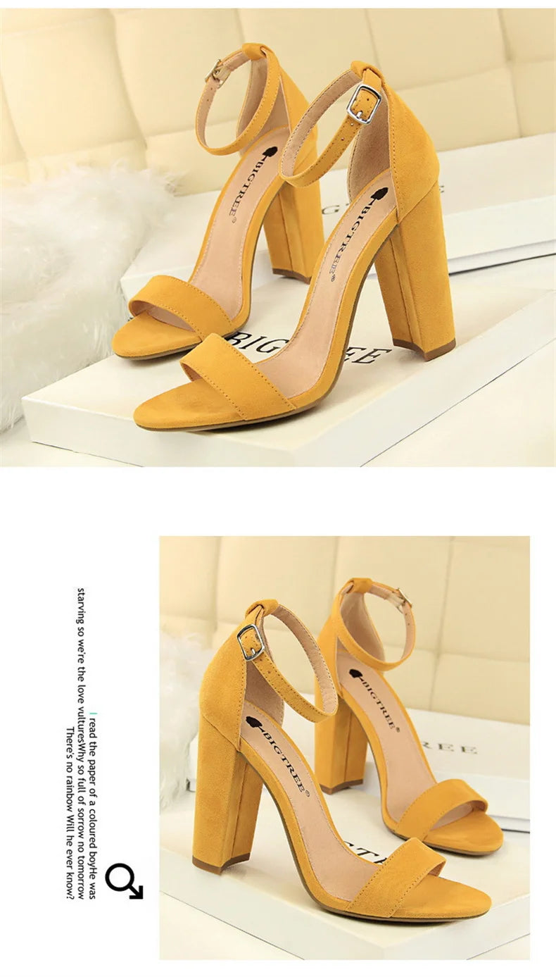Summer Women’s Heels: 9.5 cm Gladiator Sandals, Yellow/Nude/Purple, Square Block Platform