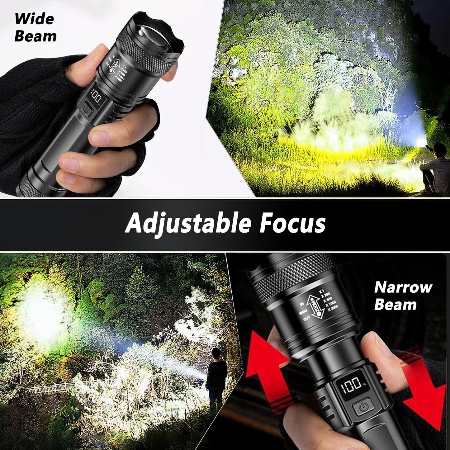 High Power  2000LM USB-Rechargeable Tactical LED Flashlight with Zoom Lanter